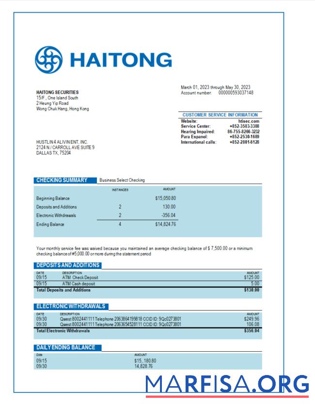 Realistic Haitong Securities business bank statement Word and PDF template